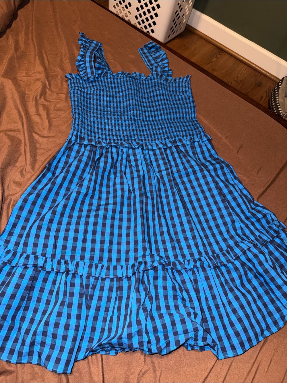 Draper James Blue Gingham Smocked Ruffle Midi Dress Medium